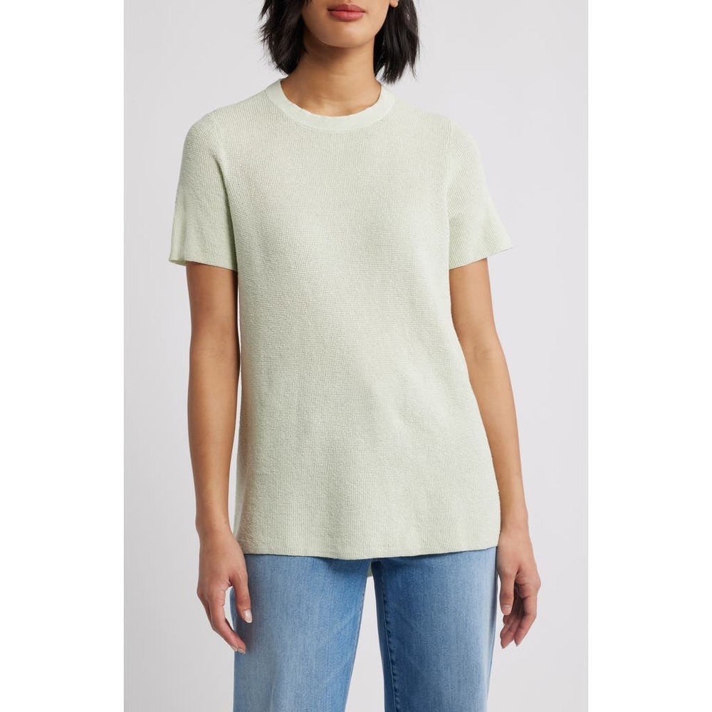 Eileen Fisher Organic Linen Crepe Stretch Mock Neck Tunic L Mint Green Knit Top